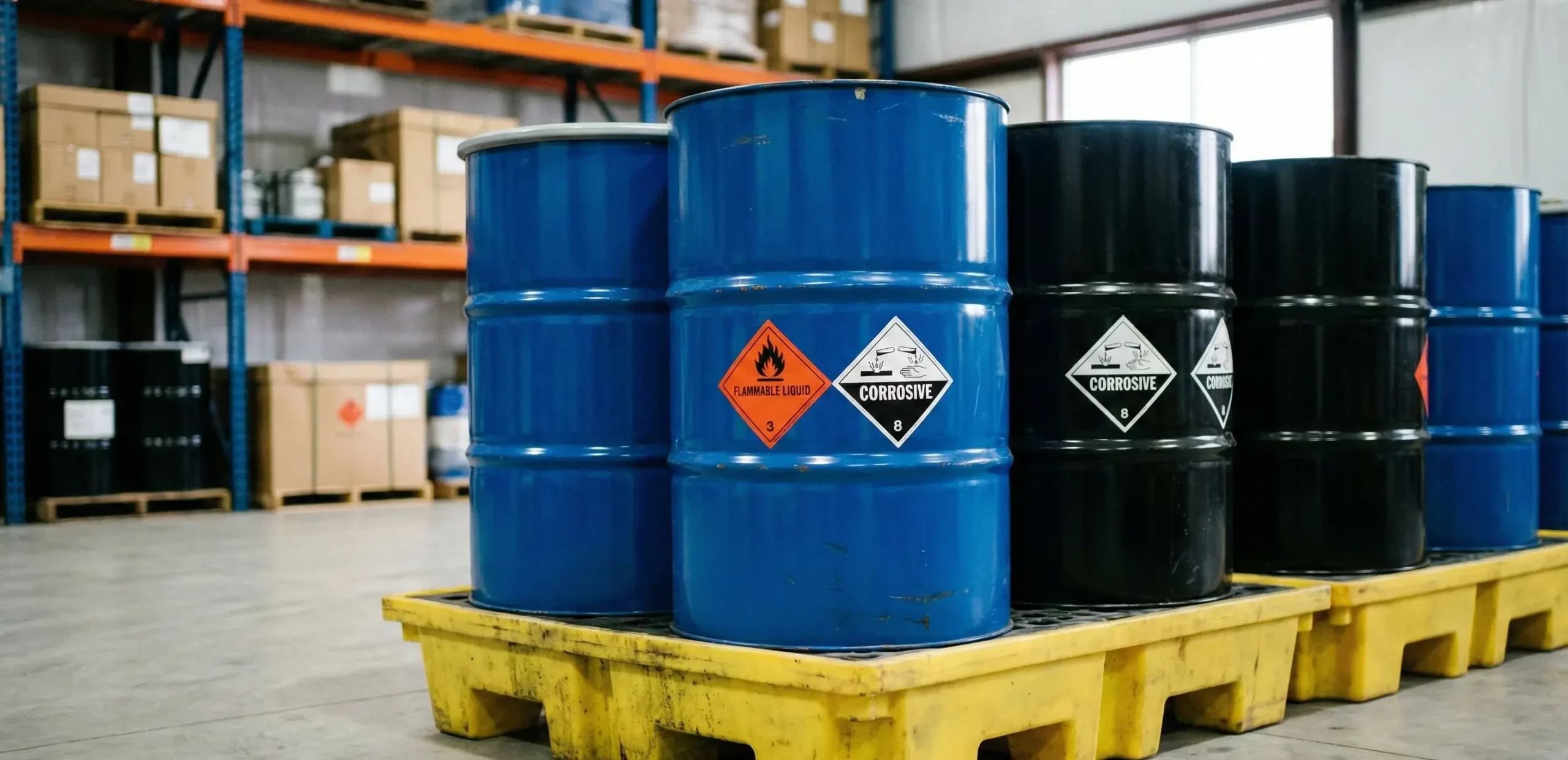 Bidones de acero azules y negros con etiquetas de materiales peligrosos sobre pallet de contención amarillo en almacén.