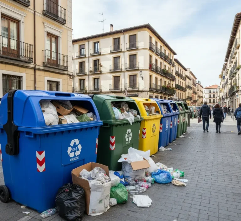 Calle peatonal en España con contenedores de reciclaje llenos de bolsas de basura por fuera, edificios antiguos al fondo.