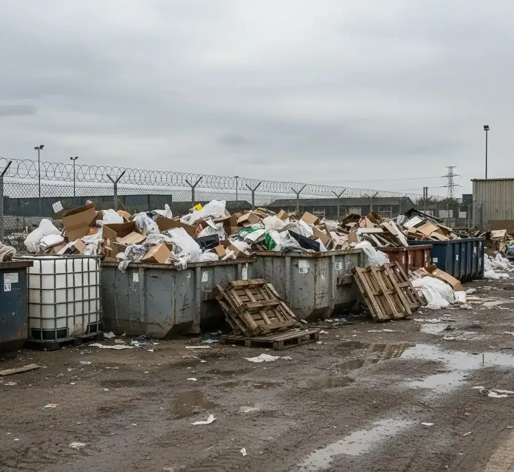 Contenedores industriales llenos de residuos empresariales en zona exterior de polígono industrial