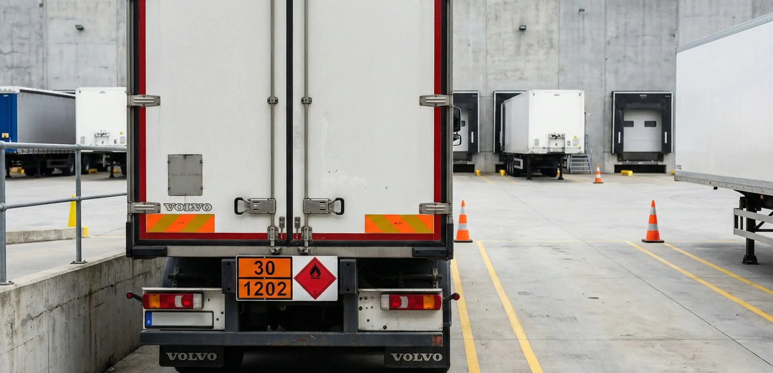 Parte trasera de camión blanco con placa naranja ADR de identificación de peligros estacionado en muelle de carga industrial.