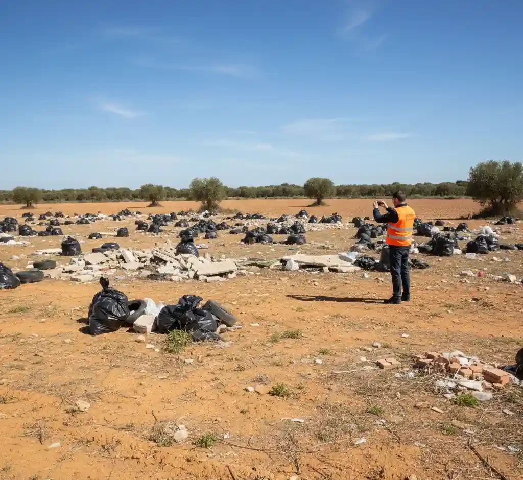 Vista amplia de un campo agrícola con cientos de bolsas de basura y escombros ilegales, con un inspector al fondo.