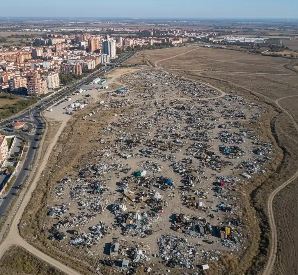 Fotografía desde dron de un vertedero clandestino masivo en los límites de una zona urbana.