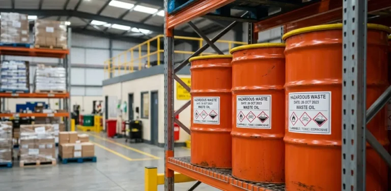 Zona de almacenamiento de residuos peligrosos en nave industrial