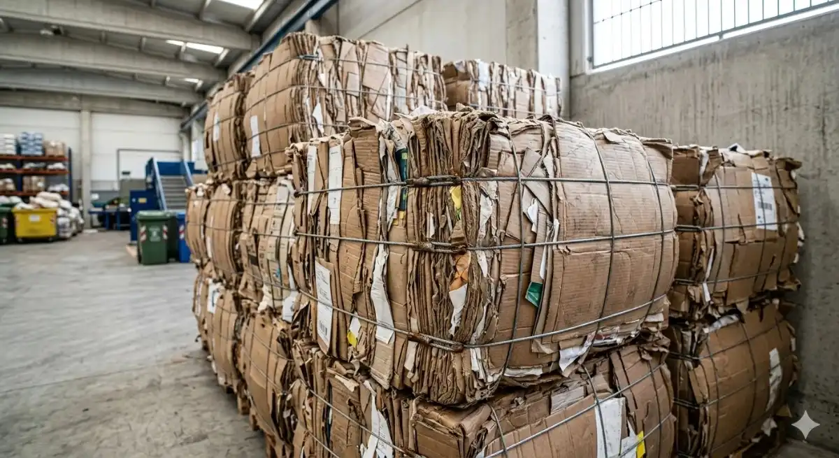 Almacenamiento de fardos de cartón reciclado listos para su envío a centros de transformación.