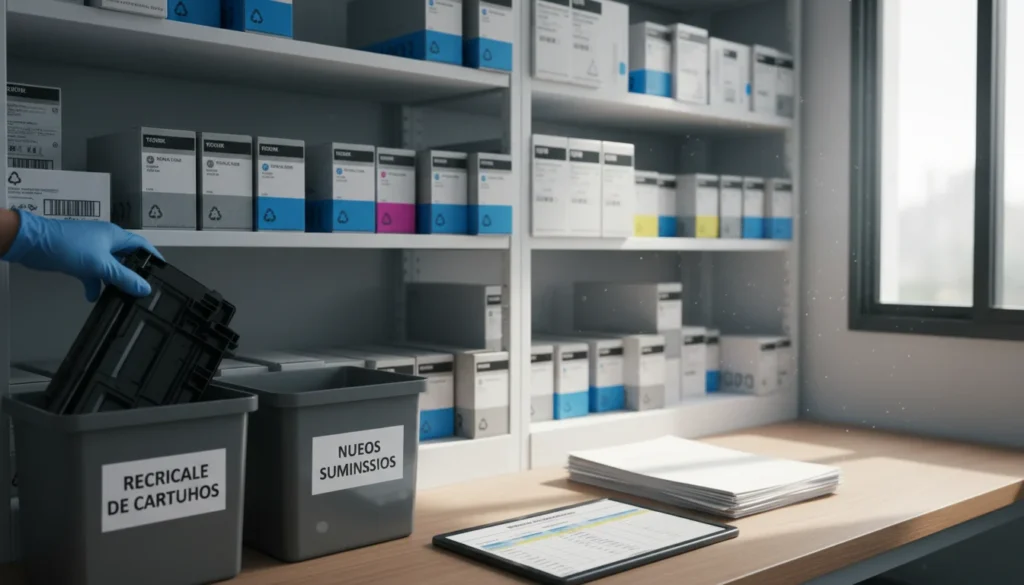 Gestión eficiente de tóner y cartuchos de impresora en oficinas, incluyendo reciclaje y almacenamiento adecuado para optimizar recursos.