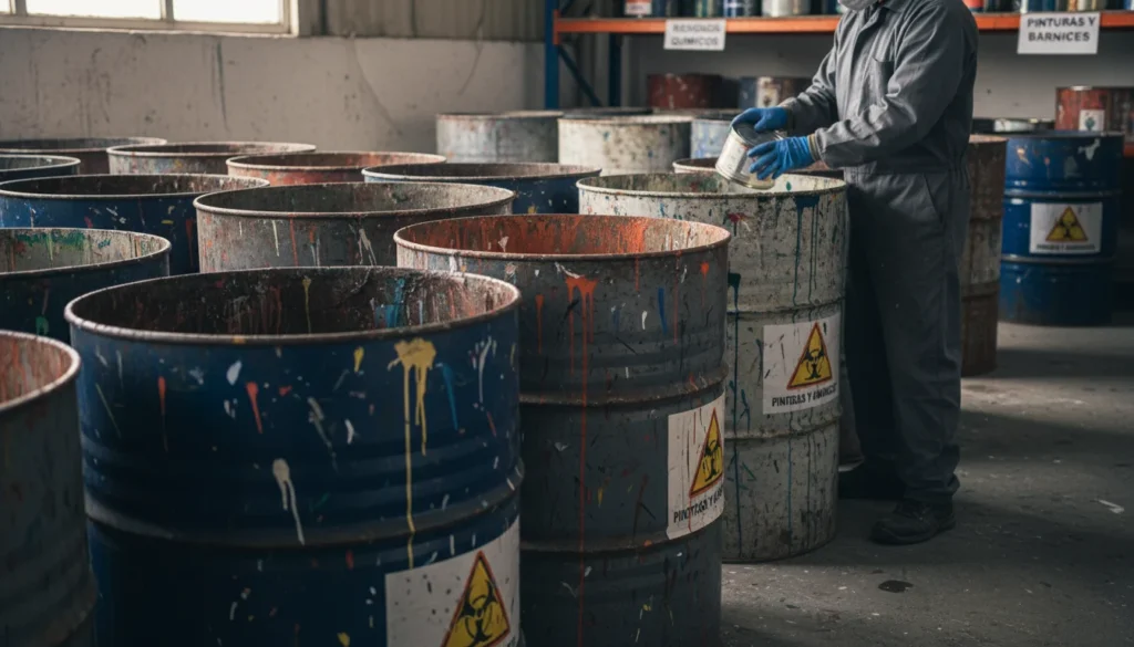 Guía práctica para la gestión eficiente de residuos de pintura y barnices en la industria, mostrando contenedores adecuados y procesos de reciclaje.