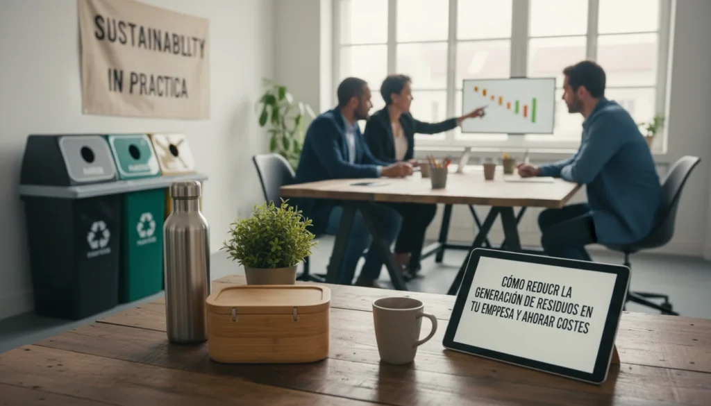 Ilustración de un cubo de basura con flechas circulares simbolizando la reducción y el reciclaje de residuos, clave para ahorrar costes en empresas.