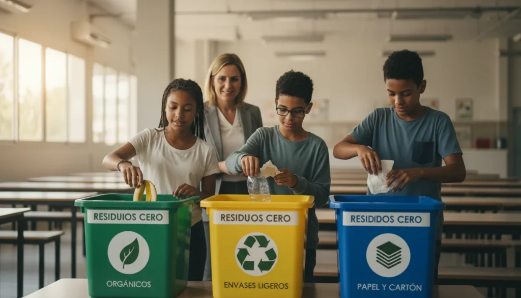 Ilustración detallada de la gestión de residuos en centros educativos, mostrando contenedores de reciclaje para diferentes tipos de materiales y estudiantes participando activamente. Resalta la importancia de las buenas prácticas ambientales y el cumplimiento normativo en entornos escolares.