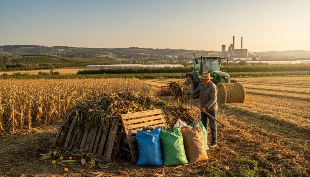 Infografía sobre la gestión eficiente de residuos agrícolas, mostrando procesos y normativa para una agricultura sostenible.