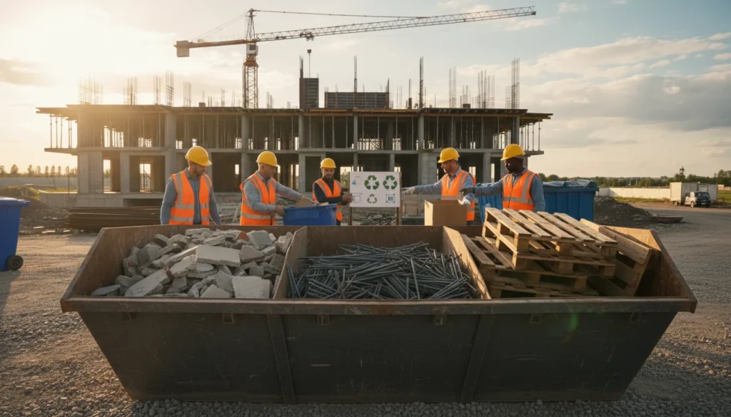 Ilustración detallada sobre la gestión de residuos en la construcción, mostrando contenedores de reciclaje y maquinaria, optimizando la sostenibilidad y el cumplimiento normativo en obras.