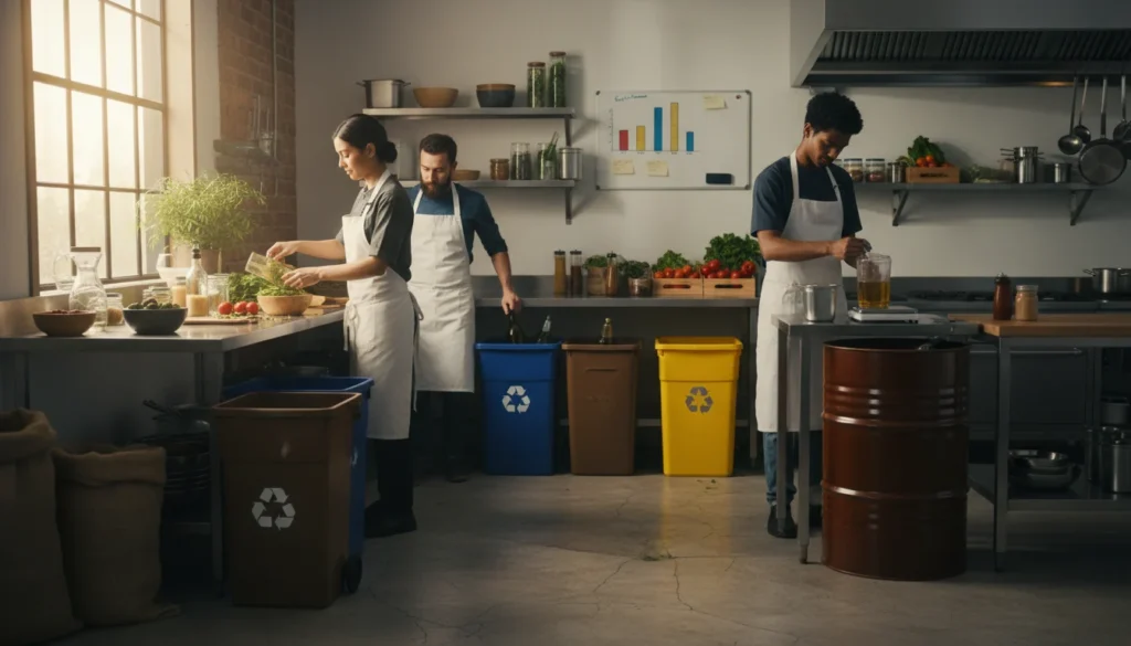 Guía completa de gestión de residuos para el sector hostelero, mostrando prácticas de reciclaje en restaurantes y hoteles para un futuro más sostenible y eficiente.