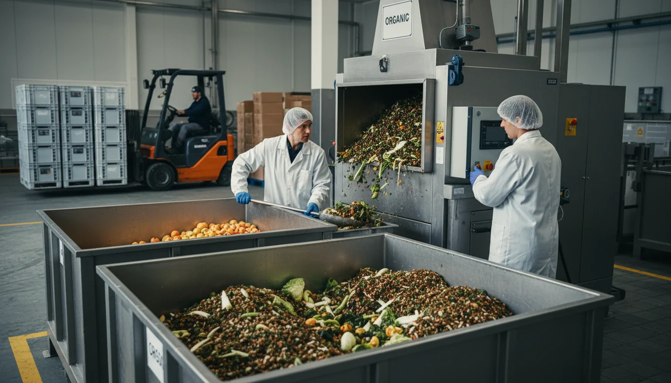 Ilustración detallada sobre la gestión de residuos en la industria alimentaria, destacando obligaciones legales y riesgos ambientales para la sostenibilidad.