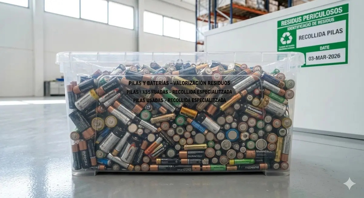 Depósito transparente de recogida selectiva de pilas y baterías para su valorización y reciclaje seguro.