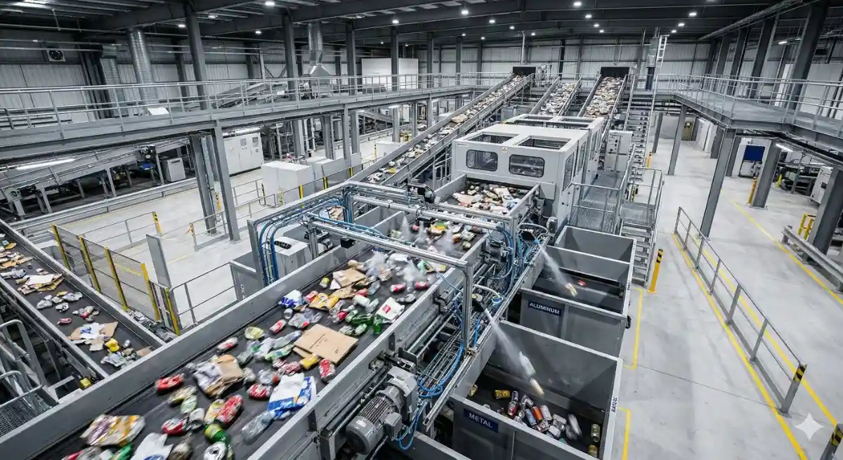 Planta de tratamiento con cintas transportadoras para la segregación automática de residuos industriales.