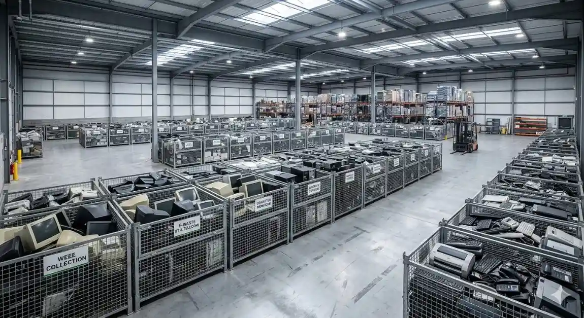 Vista panorámica de un centro de gestión de RAEE con contenedores clasificados por tipo de dispositivo electrónico.