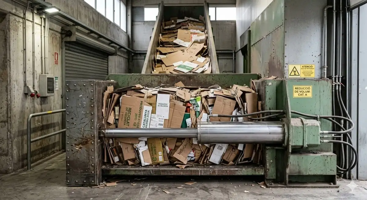 Prensa industrial compactando cartón para su posterior transporte y reciclaje masivo.