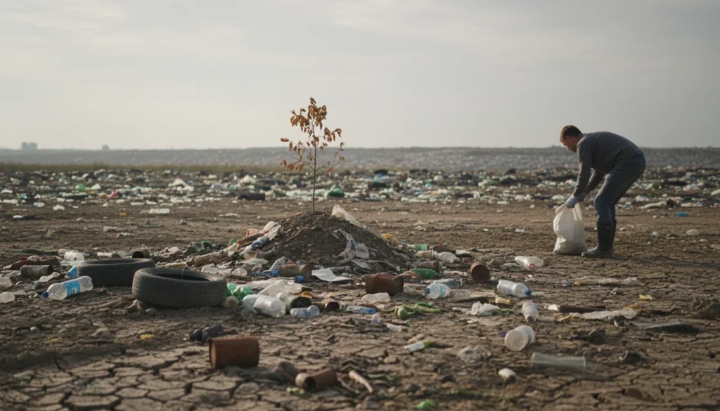 Ilustración de la contaminación del suelo por residuos, con plásticos y basura esparcidos, mostrando el impacto ambiental y la necesidad de prevención.