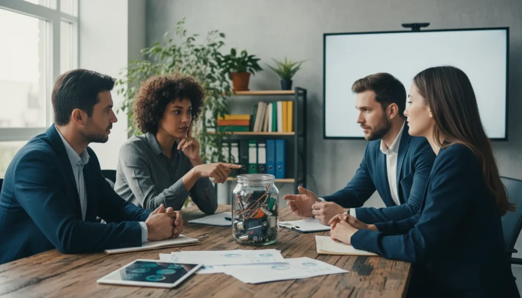 Ilustración de personas discutiendo documentos y gráficos financieros, representando la colaboración en un 'scrum' empresarial para optimizar proyectos.
