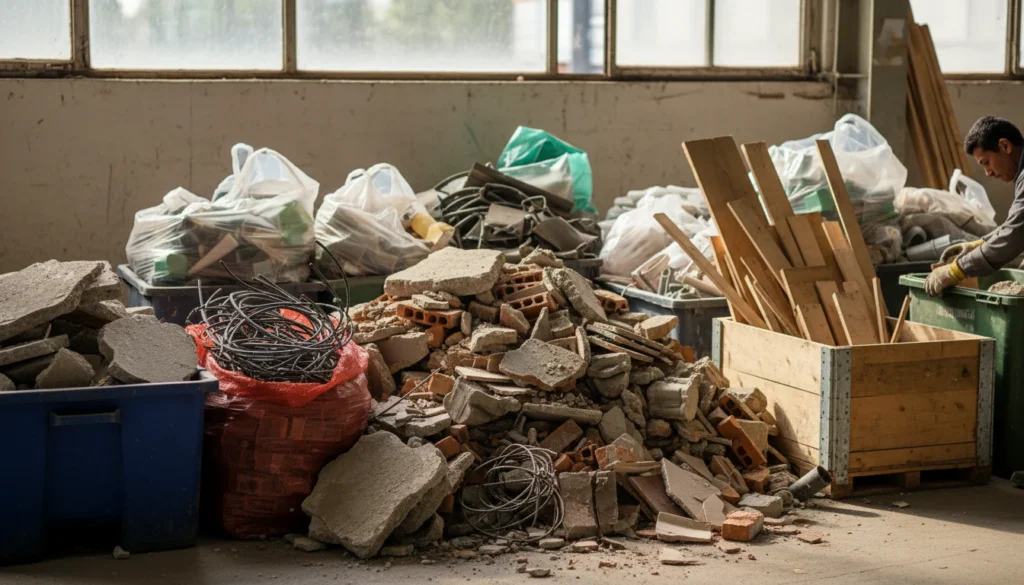 Ilustración que muestra la correcta separación de residuos de construcción y demolición (RCD) en obra para su reciclaje.