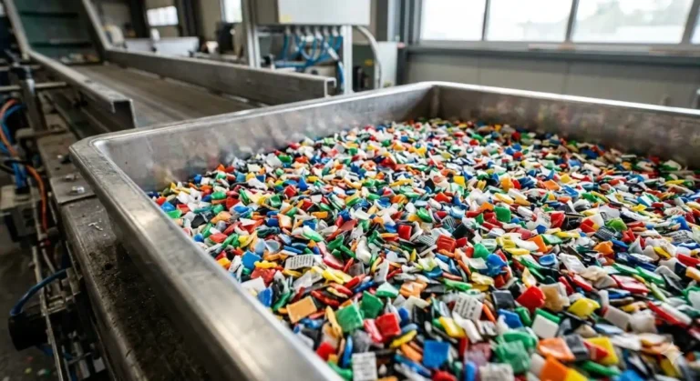 Primer plano de fragmentos de plástico triturado y clasificado por colores para reciclaje.