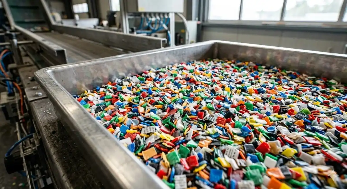 Primer plano de fragmentos de plástico triturado y clasificado por colores para reciclaje.