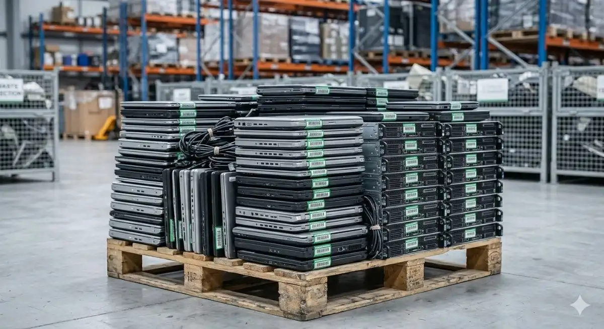 Laptops y servidores apilados en un palet listos para el proceso de gestión de activos IT y borrado de datos.