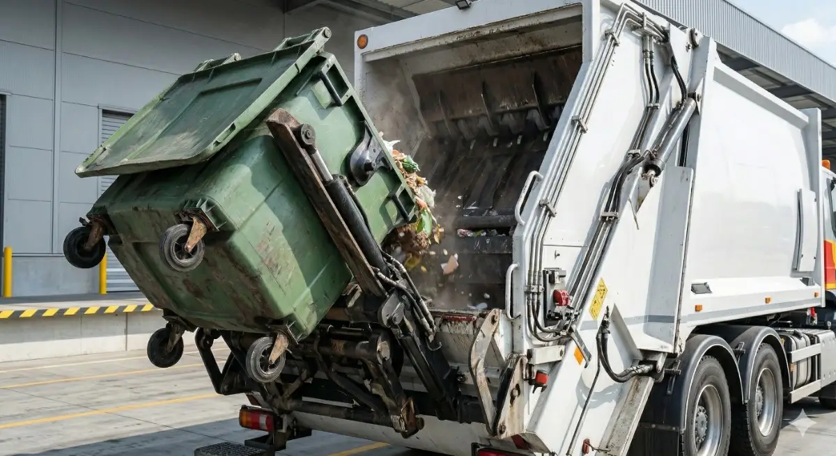 Camión recolector industrial realizando la descarga de un contenedor de residuos en planta de tratamiento.