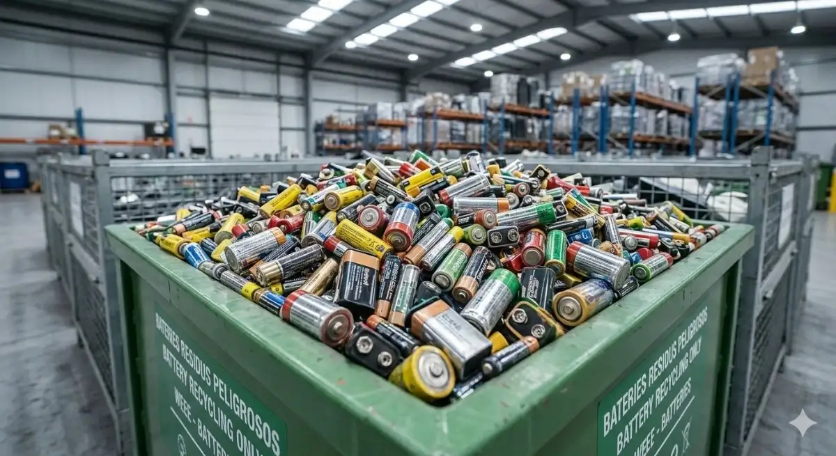 Contenedor industrial metálico lleno de pilas de diversos tipos para reciclaje de componentes químicos.
