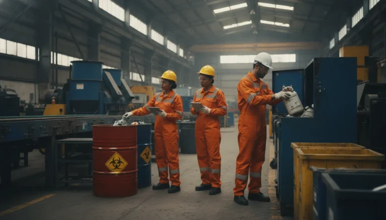 Trabajador industrial manejando contenedor con símbolo de residuo peligroso, clave en la clasificación de residuos peligrosos industriales.
