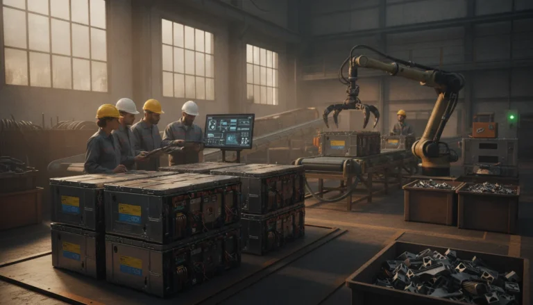 Baterías industriales de litio siendo recicladas en una planta, mostrando el proceso de economía circular y recuperación de metales.