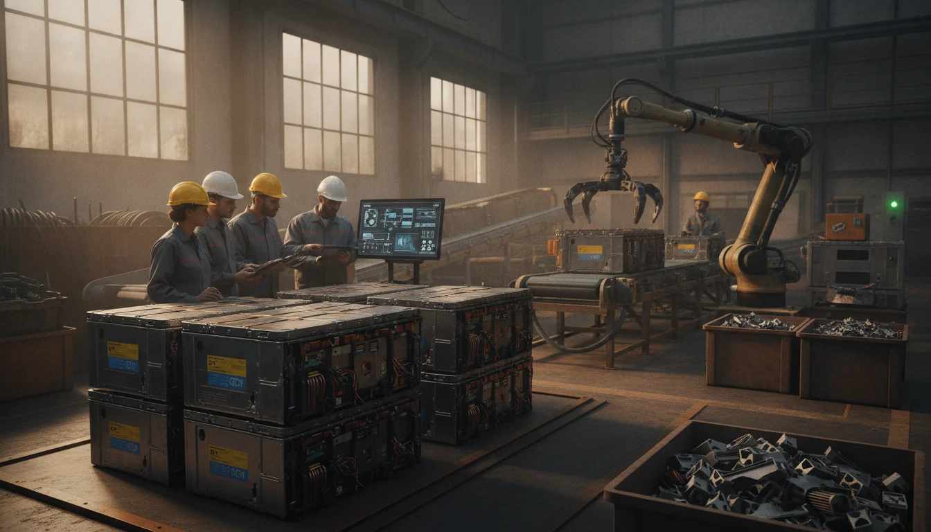 Baterías industriales de litio siendo recicladas en una planta, mostrando el proceso de economía circular y recuperación de metales.