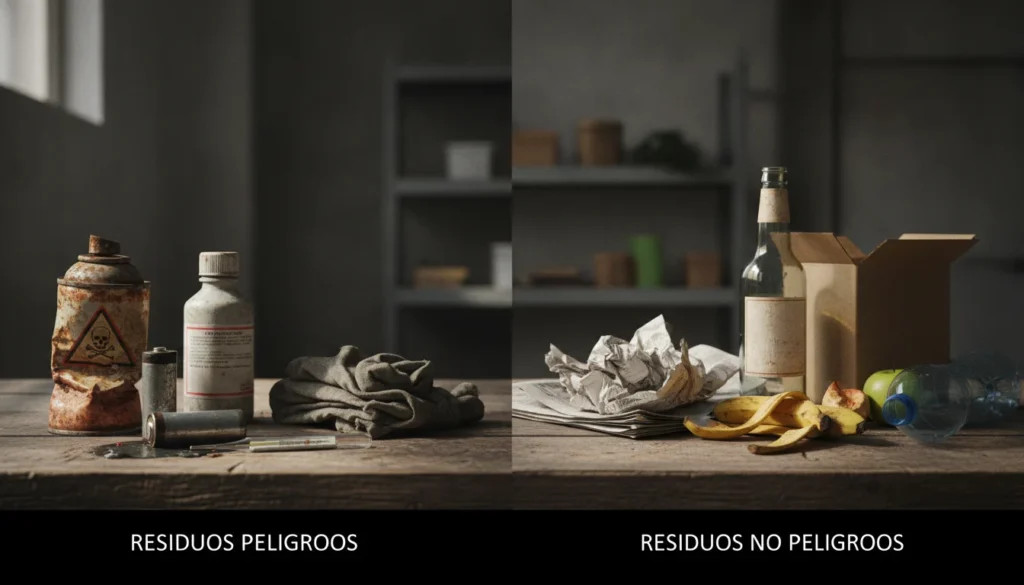Ilustración de contenedores y símbolos de clasificación para residuos peligrosos y no peligrosos, destacando su diferencia y gestión.