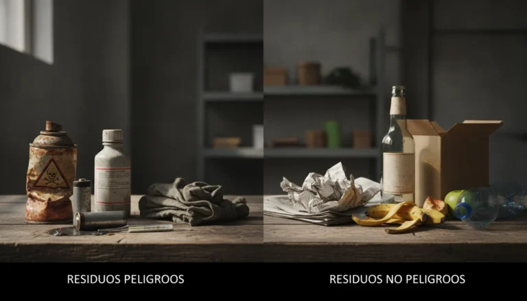 Ilustración de contenedores y símbolos de clasificación para residuos peligrosos y no peligrosos, destacando su diferencia y gestión.