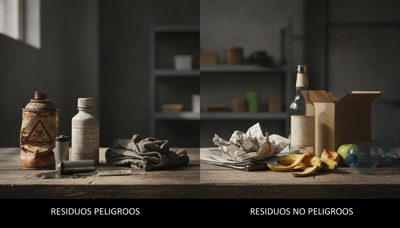 Ilustración de contenedores y símbolos de clasificación para residuos peligrosos y no peligrosos, destacando su diferencia y gestión.