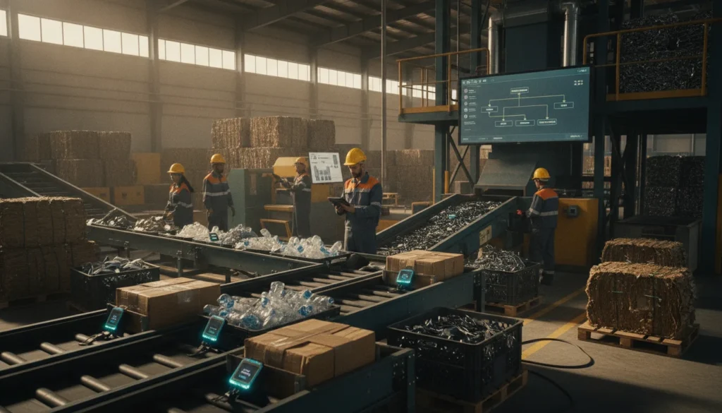 Persona escaneando un código QR en un contenedor de residuos industriales, simbolizando la trazabilidad de residuos