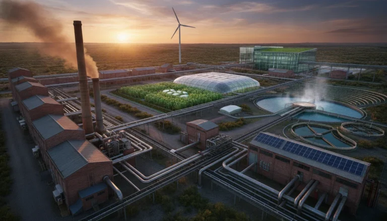 Ilustración de un ecosistema industrial con empresas interconectadas intercambiando flujos de recursos, representando la simbiosis industrial.