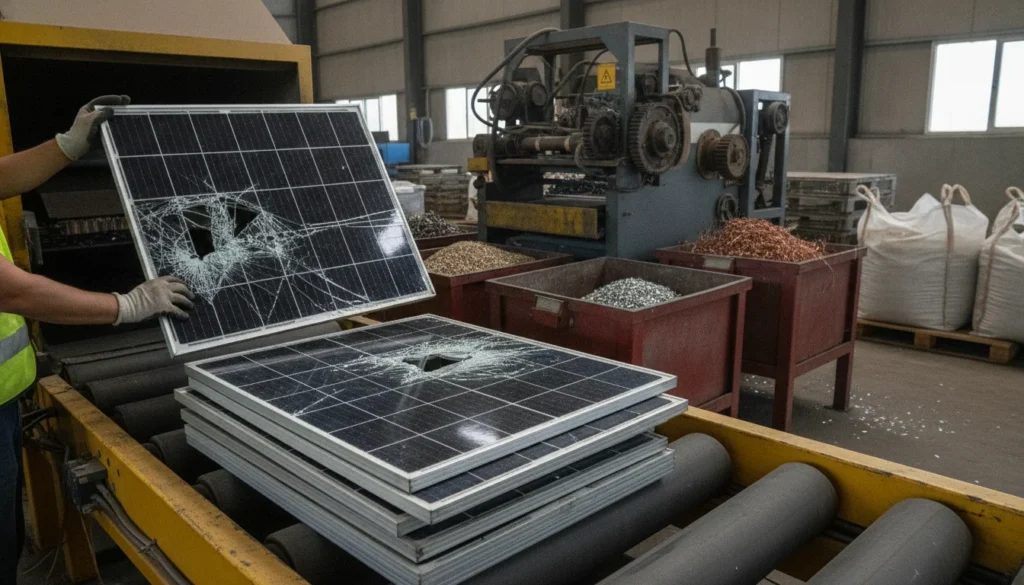 Reciclaje de paneles solares apilados en un centro de gestión de residuos, destacando la recuperación de materiales para la economía circular.