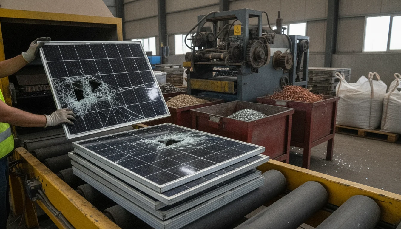 Reciclaje de paneles solares apilados en un centro de gestión de residuos, destacando la recuperación de materiales para la economía circular.