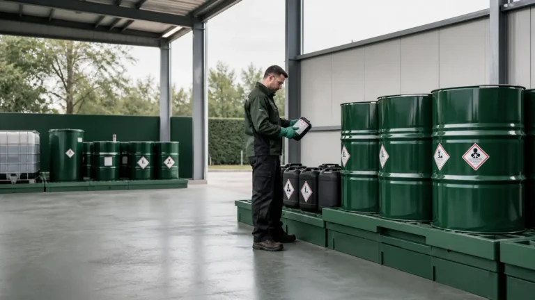 Técnico inspeccionando bidones cerrados sobre cubetos en un almacén cubierto