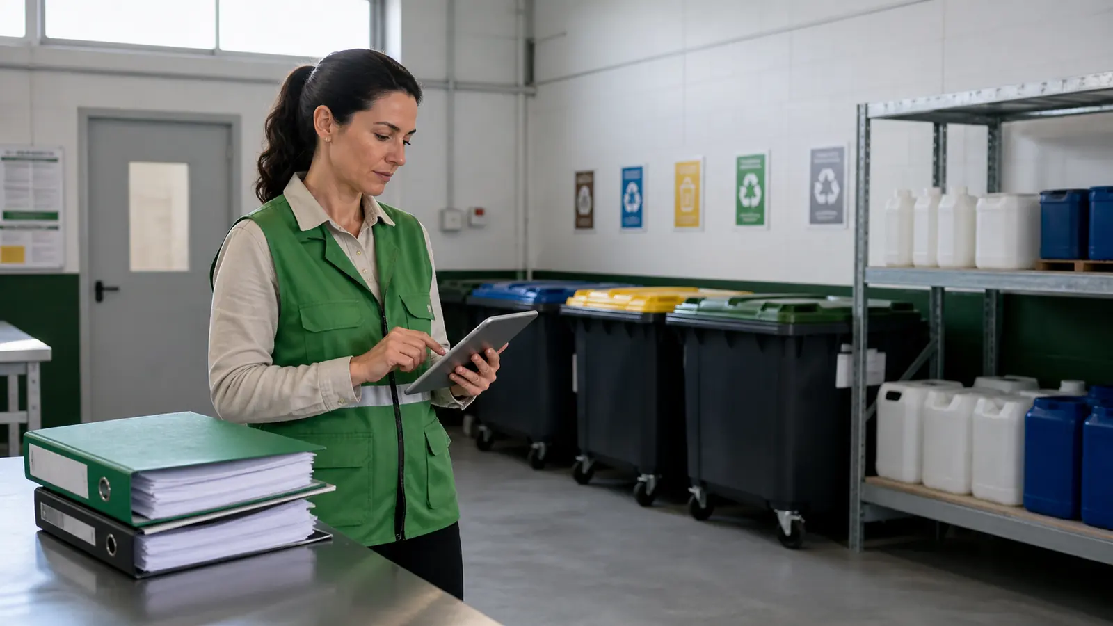 Auditora ambiental revisando con una tableta el almacén de residuos de una empresa