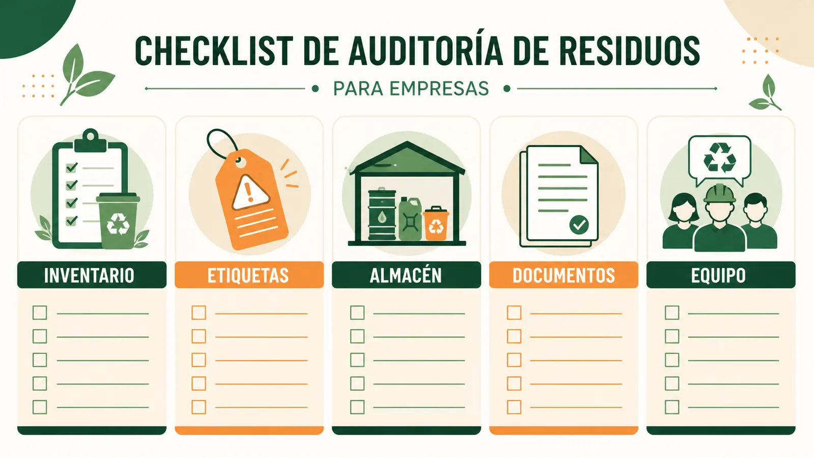 Checklist de auditoría ambiental de residuos Checklist visual de inventario, etiquetas, almacén, documentos y equipo