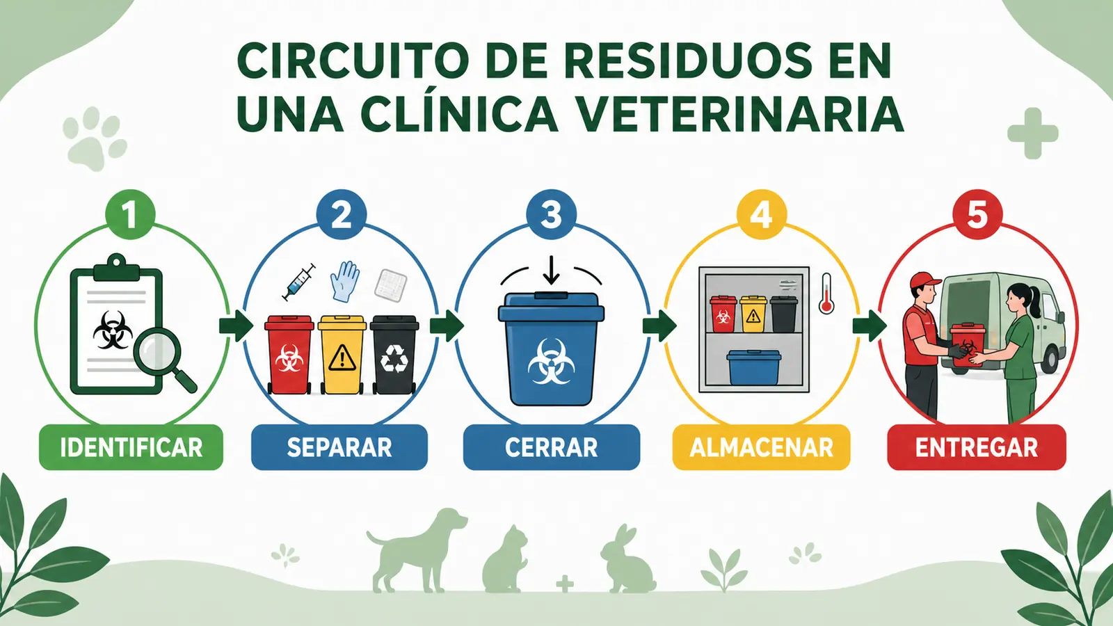 Circuito de identificar, separar, cerrar, almacenar y entregar residuos veterinarios