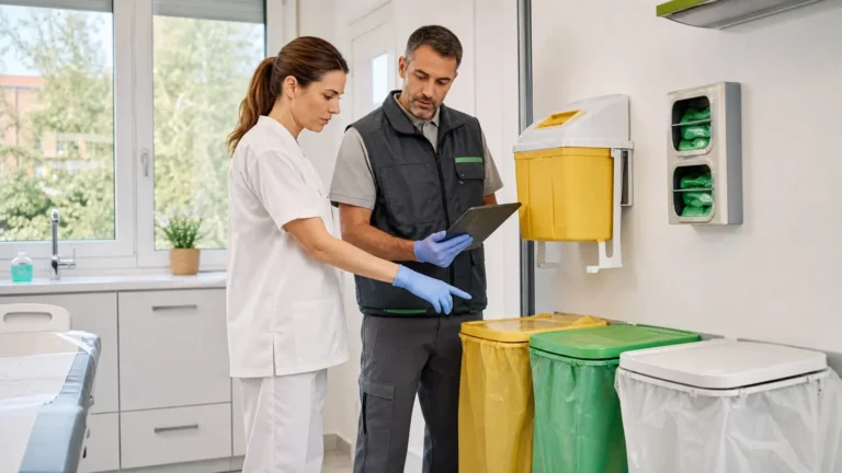Profesional sanitaria y especialista ambiental revisando contenedores de residuos en una clínica