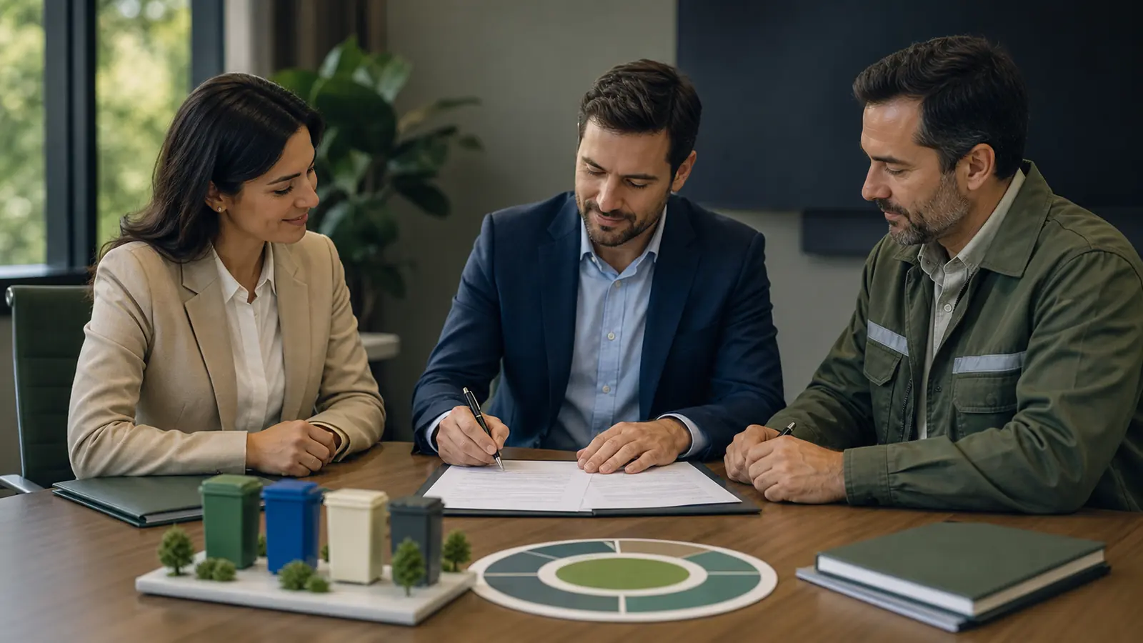 Empresa y gestor ambiental revisando un contrato de tratamiento de residuos