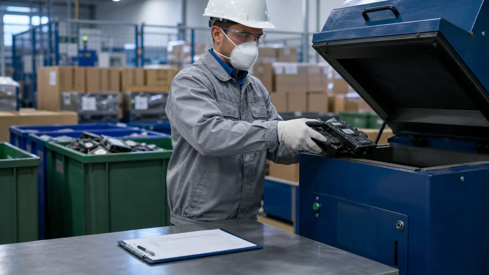 Técnico introduciendo discos duros en una trituradora industrial segura