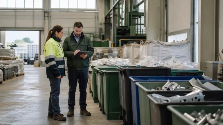 Consultora ambiental y responsable de planta revisando la gestión de residuos industriales en Barcelona