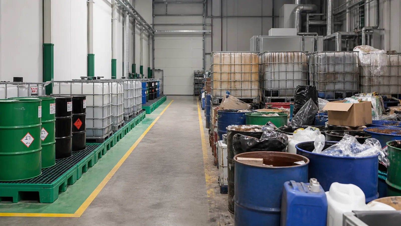 Comparativa de almacenamiento y gestión de residuos Comparación entre una zona de residuos correctamente segregada y otra desordenada en una planta industrial
