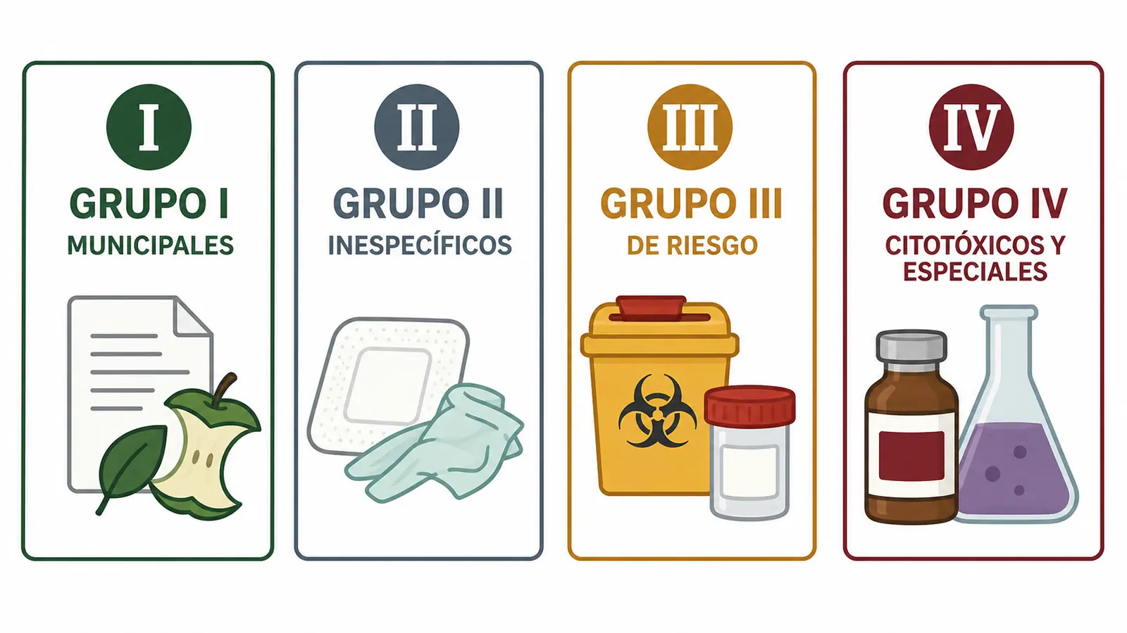 Infografía de los grupos I, II, III y IV de residuos sanitarios en Cataluña