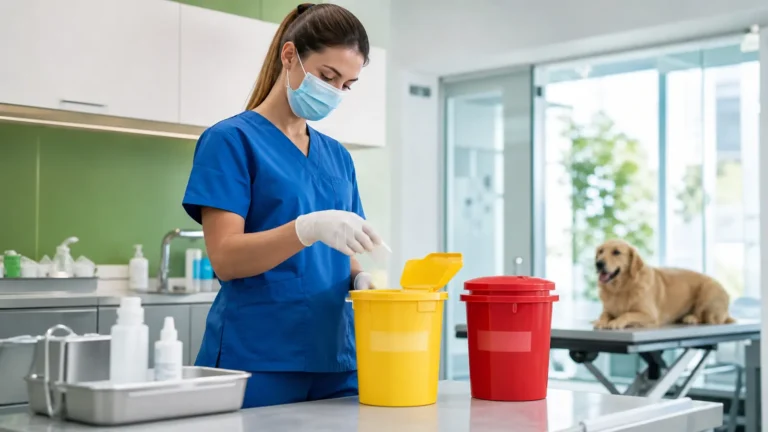 Veterinaria depositando material clínico en recipientes homologados de residuos sanitarios