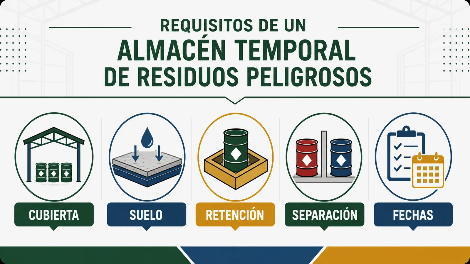 Requisitos de cubierta, suelo, retención, separación y fechas en almacén de residuos peligrosos